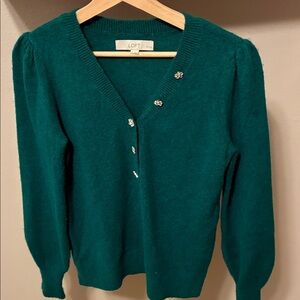 LOFT Green V-Neck Sweater with Jeweled Decorative Buttons